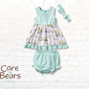 Care Bears Baby Dress, Bloomers, Headband Set Aqua White Size 0-3 / 3-6 months